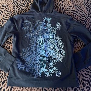 Womens Harley Davidson zip up hoodie with rhinestones on the back design.